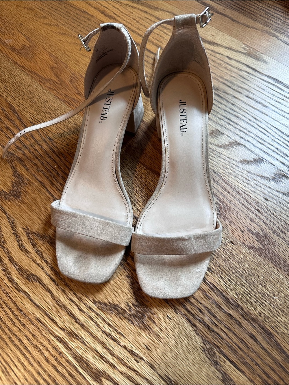 JustFab Beige Open-Toe Ankle-Strap Block Heels